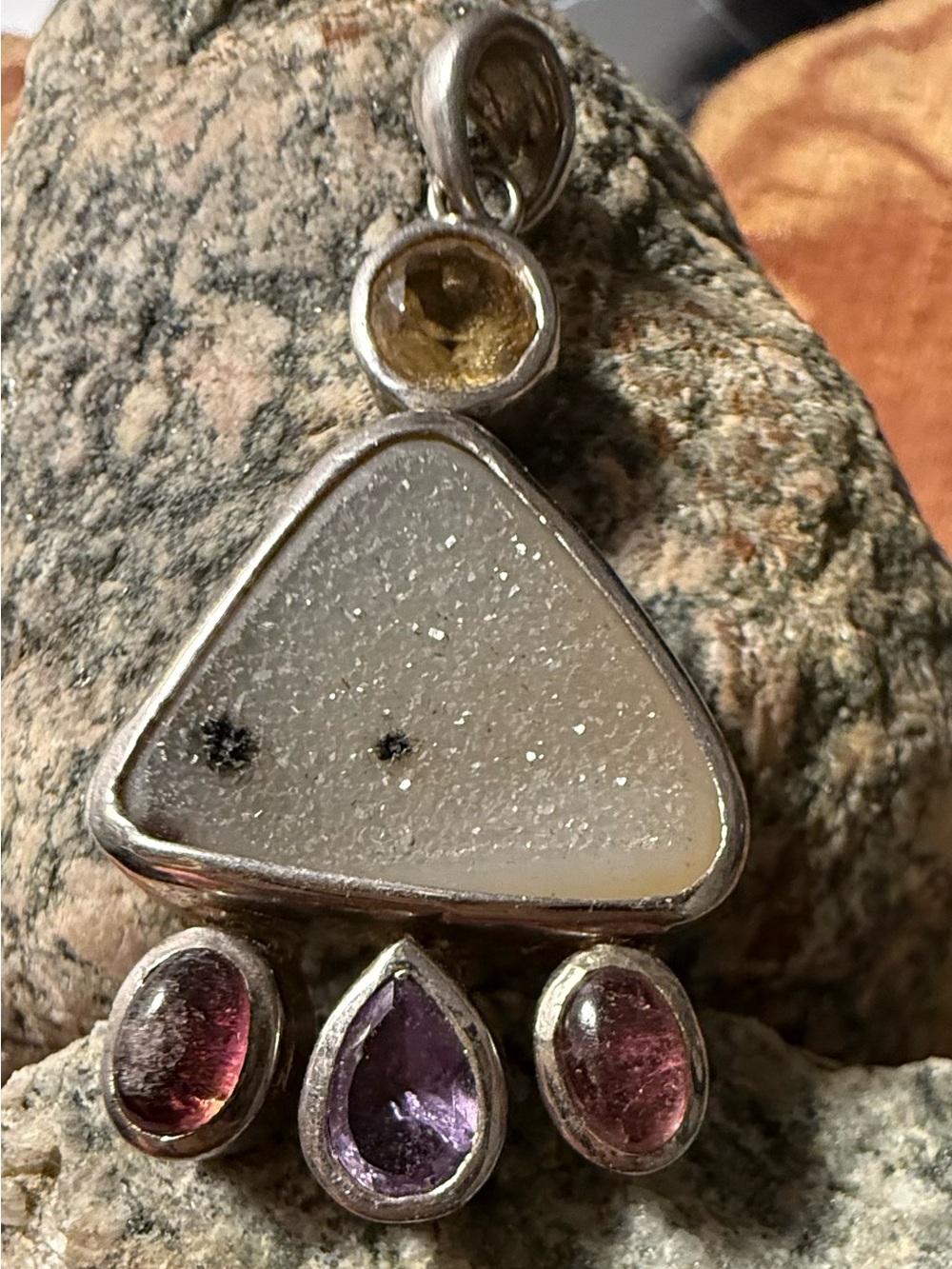 Sterling Silver Druzy Quartz Pendant w/ Citrine & Pink Tourmaline